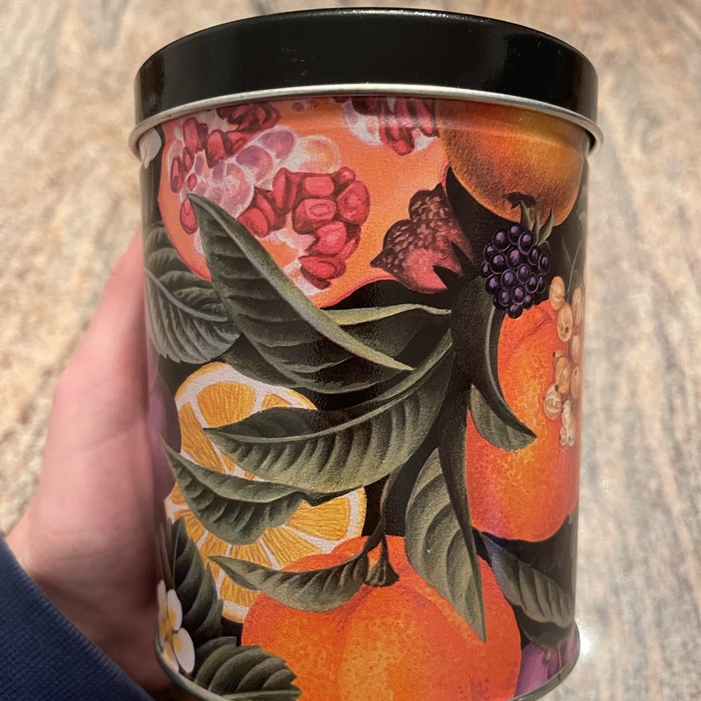 VINTAGE Vibrant Dark Floral Fruit Tin 1995 90s Storage